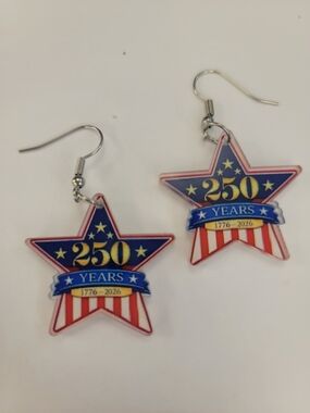 Patriotic 250 Years Star Dangle Earrings - Red, White & Blue